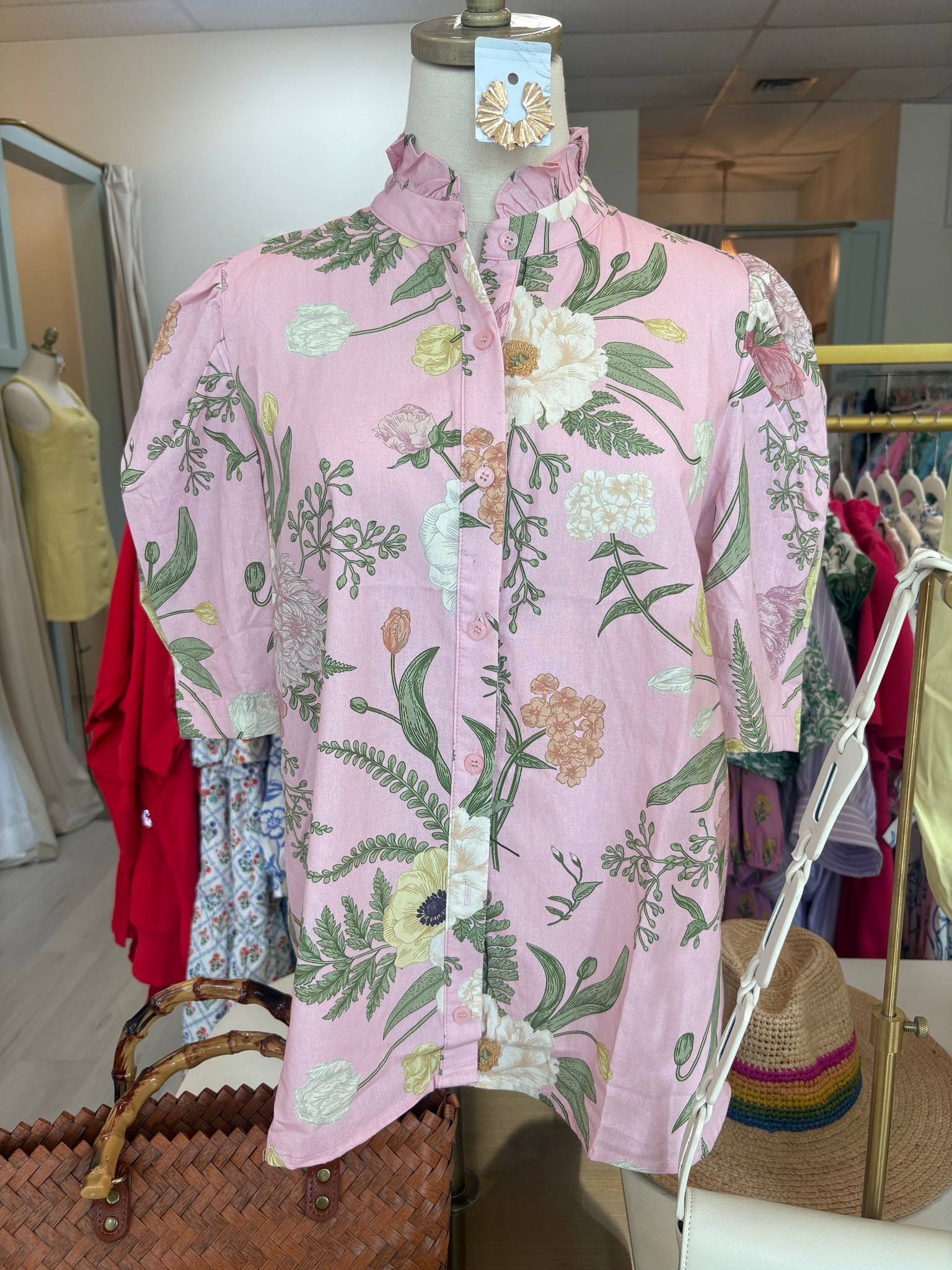 Floral Ruffle Neck Button Up Top Pk