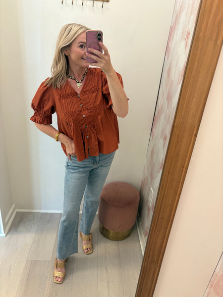 V Neck Smocked Top Chestnut