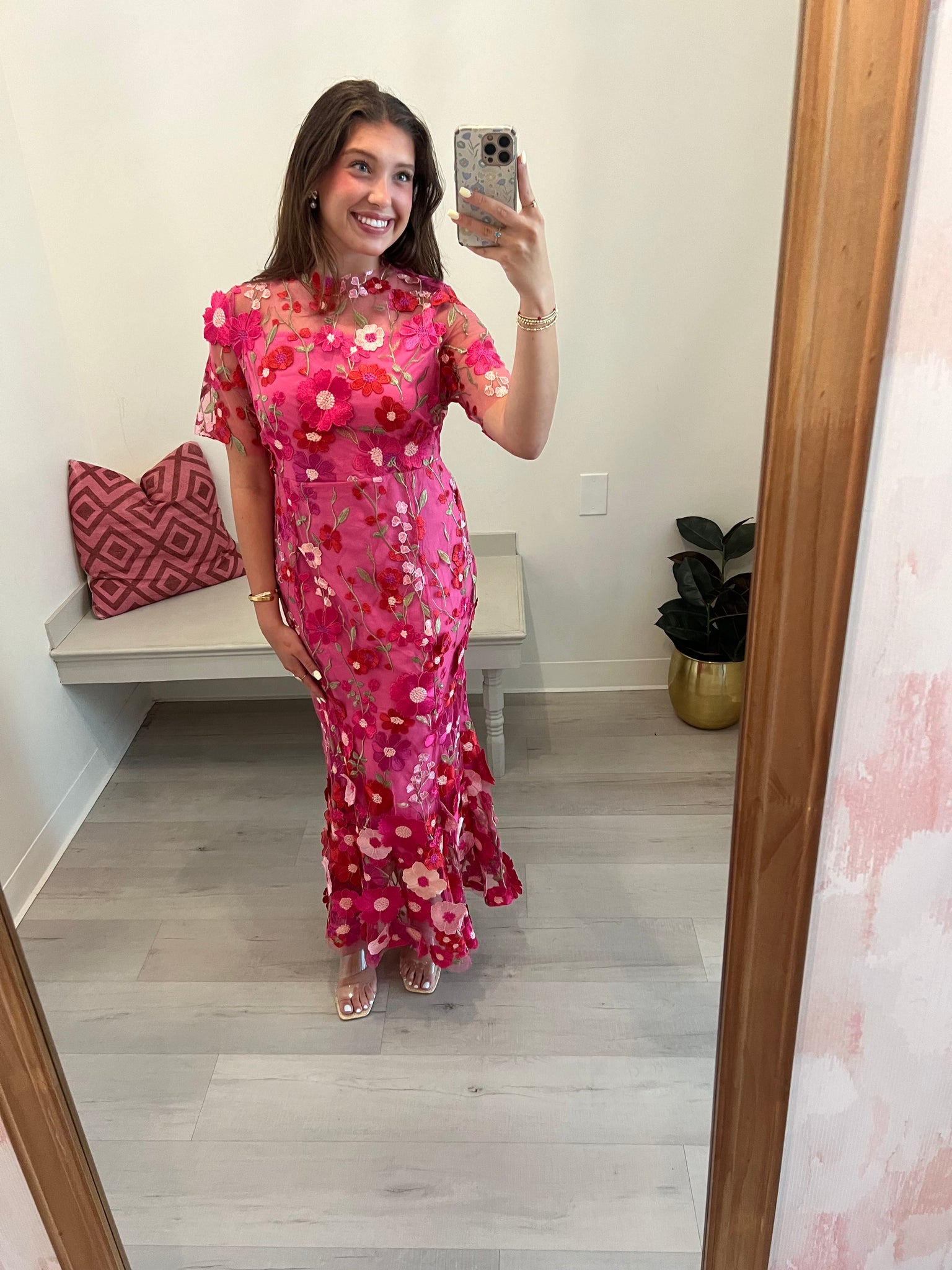 Elegant Floral Mesh Midi Fushcia