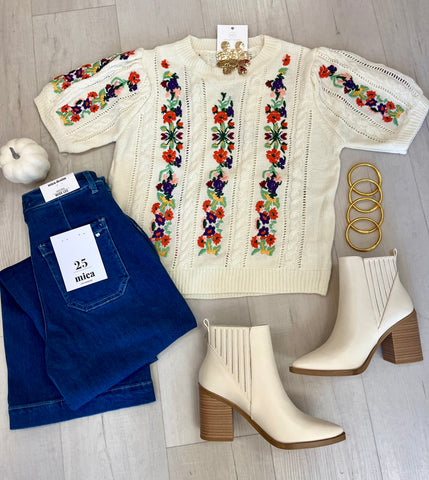 Flower Embroidery Sweater Ivory