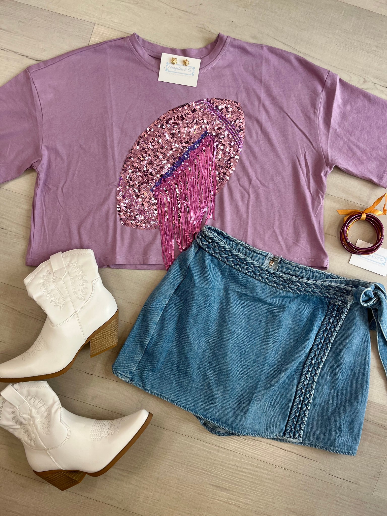 Cropped Sequin Football Tee Purple