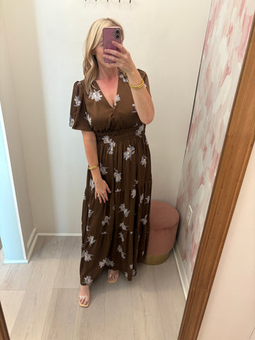 Lizzy Floral Satin Maxi Mocha
