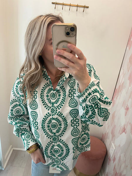 Lizzy Eyelet Button Up Blouse Grn