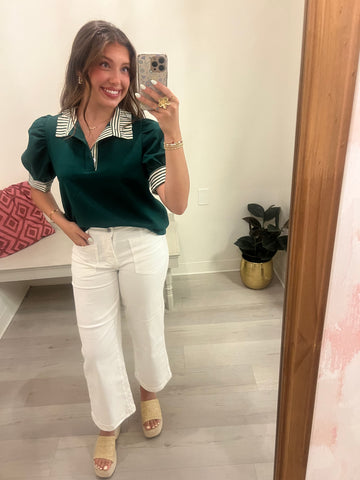 Ruffle Collar Preppy Top Green