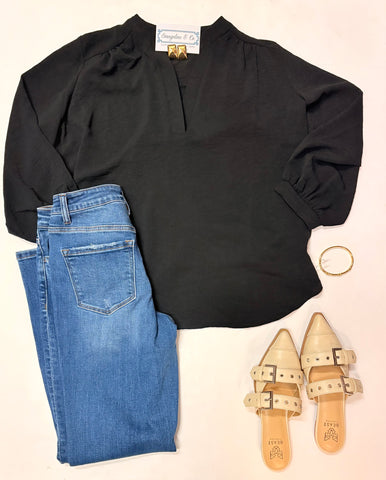 Morgan Split Neck Blouse Blk