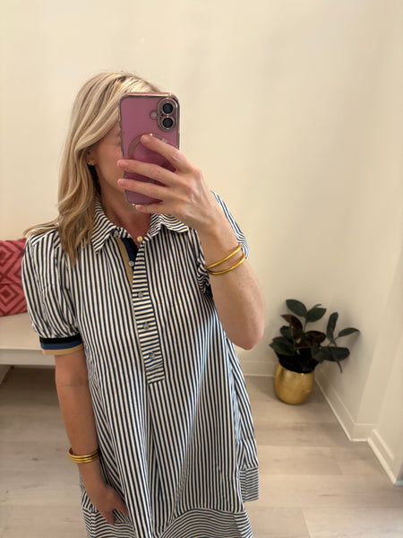 Banded Arm Stripe Dress Navy
