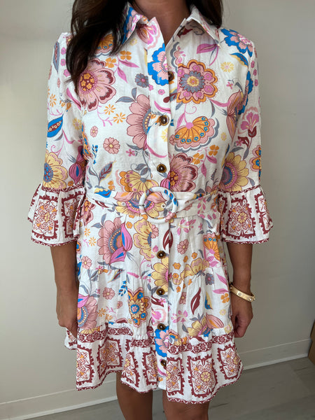 Border Print Belted Dress