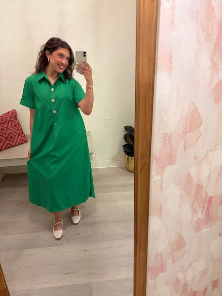 Gold Button Poplin Midi Dress Green
