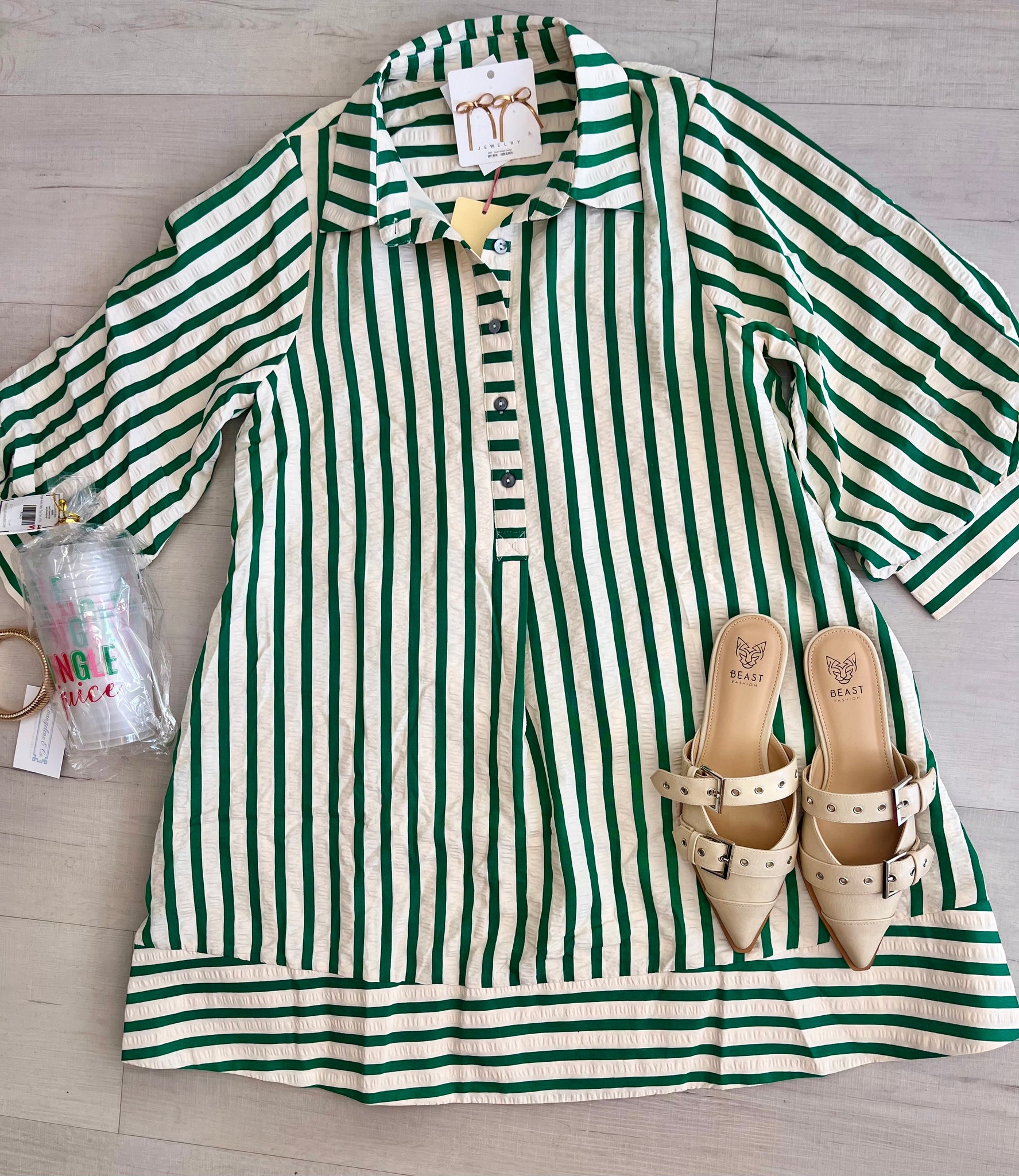 Lexy 3/4 Slv Striped Dress Green