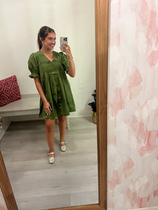 Olive Smocked Front V Neck Dress