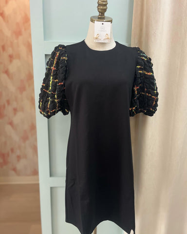 Sequin Puff Sleeve Black Dress