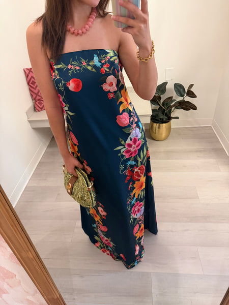 Botanical Strapless Dress Navy