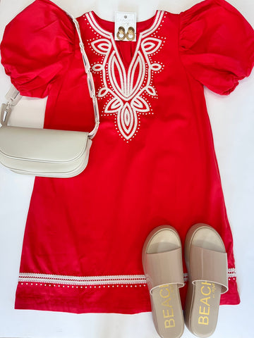 Embroidered Detail Dress Red