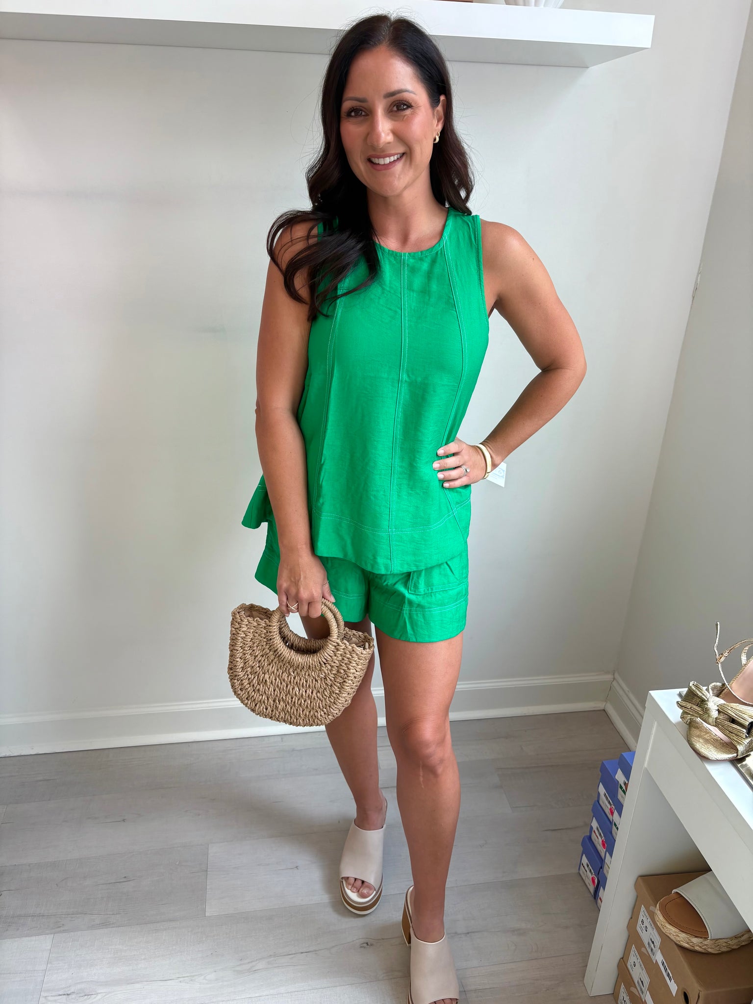 Green Stitched Short Set