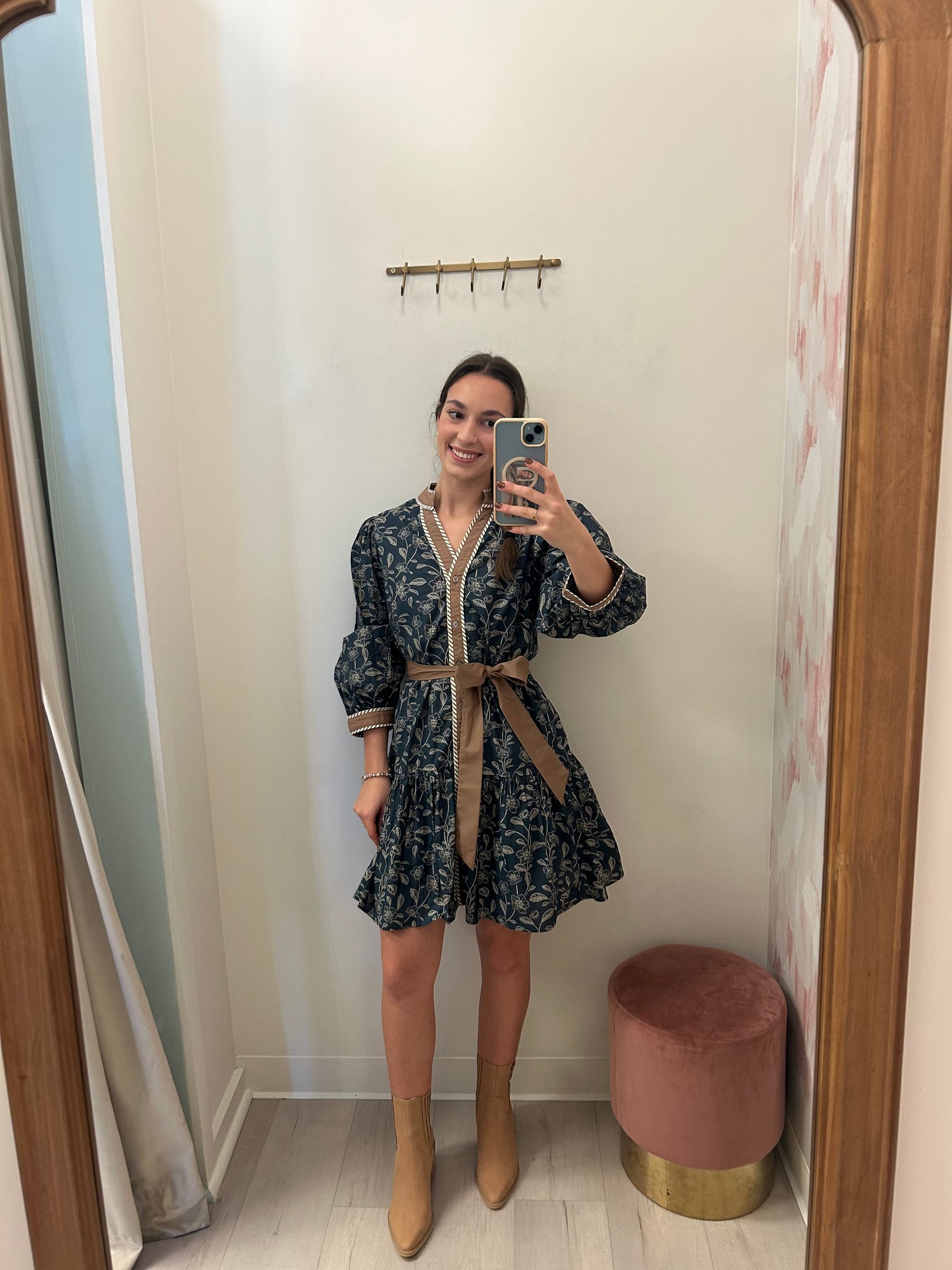 Jess LS Belted Floral Dress Navy