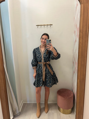 Jess LS Belted Floral Dress Navy