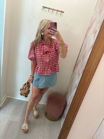 Plaid Tie Detail Top Red/White
