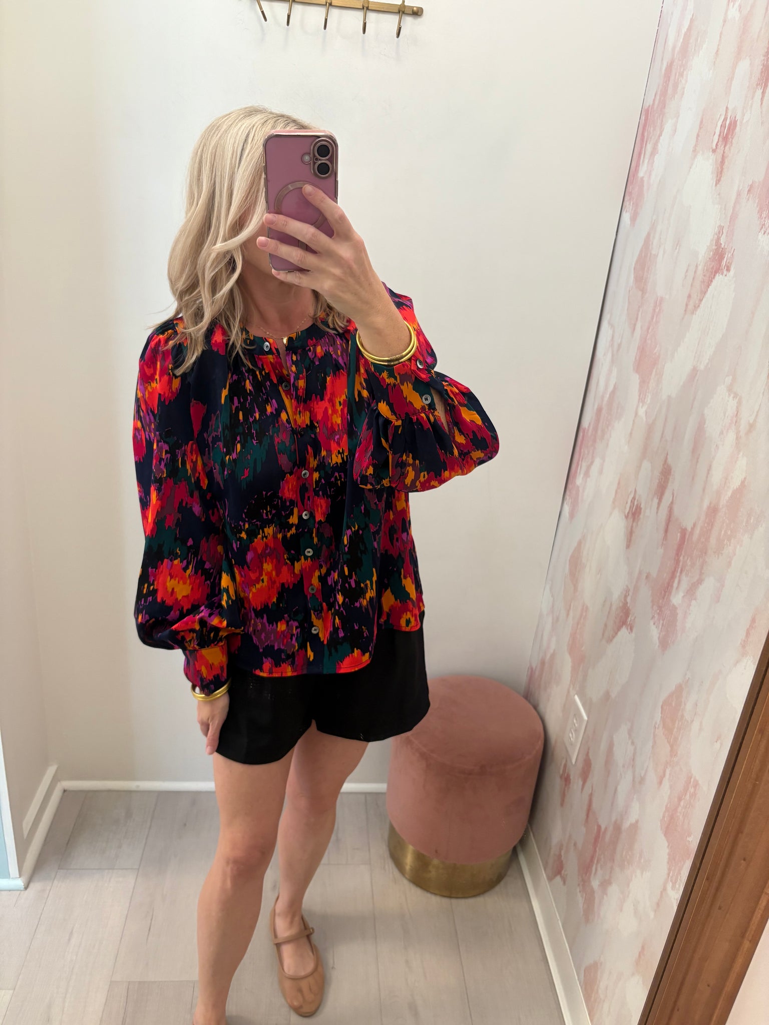 Multi Color Print Button Up Blouse