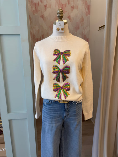 Sequin Mardi Gras Bow Sweater