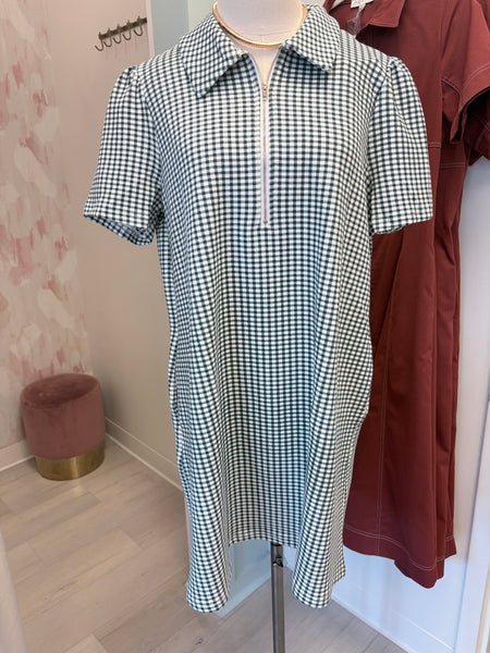 SS Gingham 3/4 Zip Dress Grn