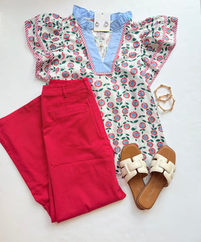 Patch Pocket Wide Leg Pant Red