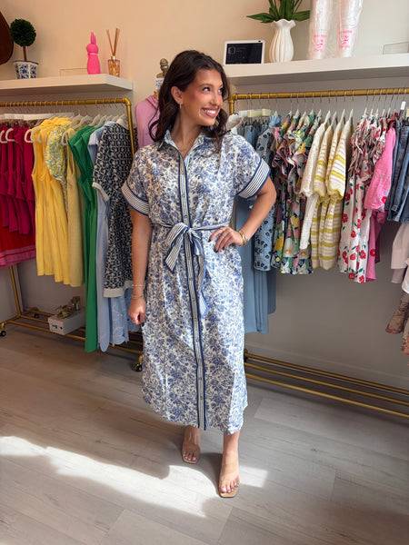 Drop Slv Floral Tie Waist Midi Bl