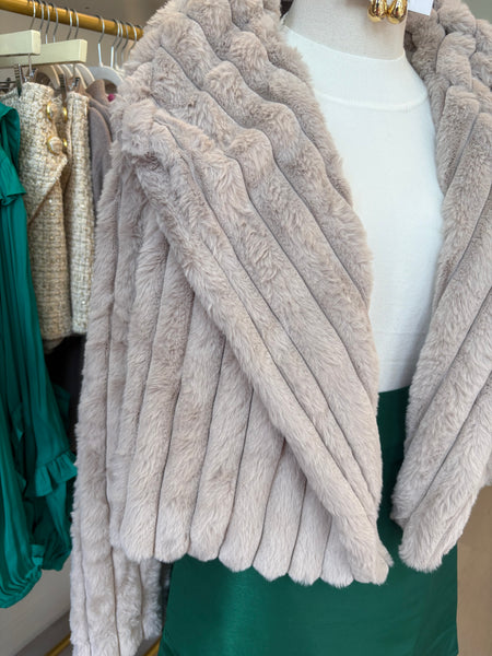 Vandie Vertical Panel Fur Coat Taupe