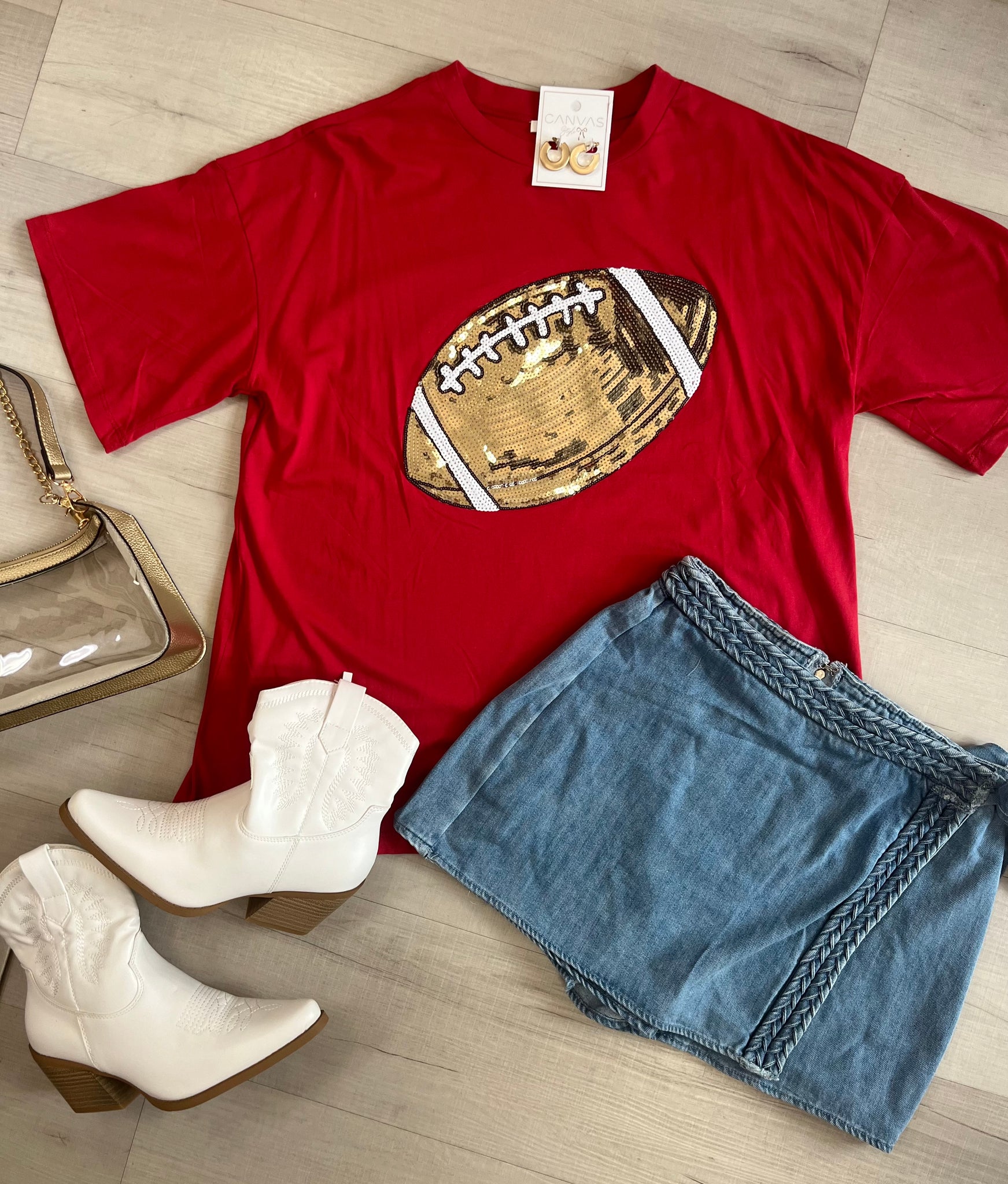 Gold Sequin Football Tee - Red