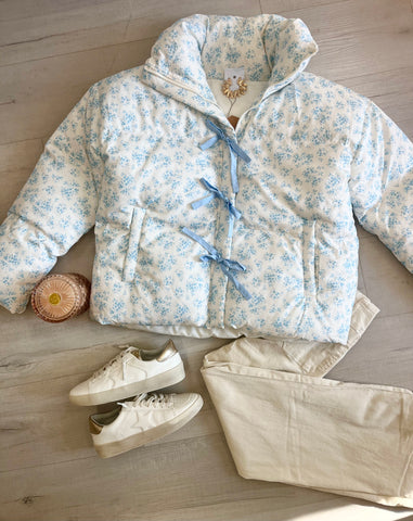 Light Blue Bow & Flower Puffer Jacket