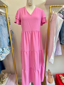 VNeck SS Tiered Midi Pink