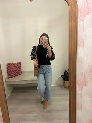 Velvet Embroidered Top Black