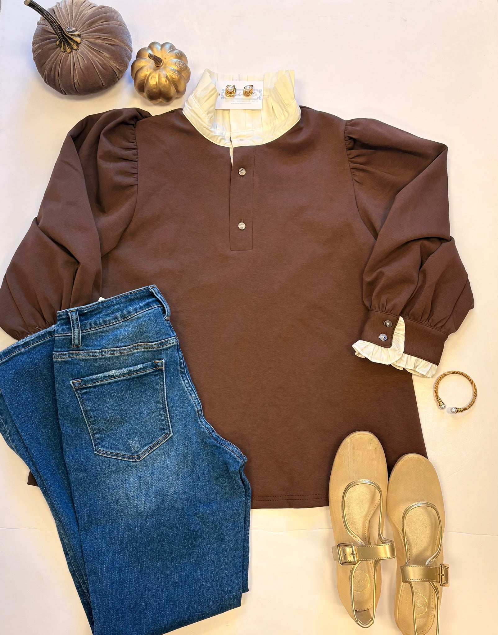 Lauren Stand Up Collar LS Top Bwn