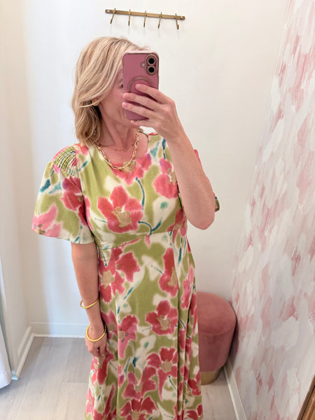 Sam Smocked Sholder Midi Grn