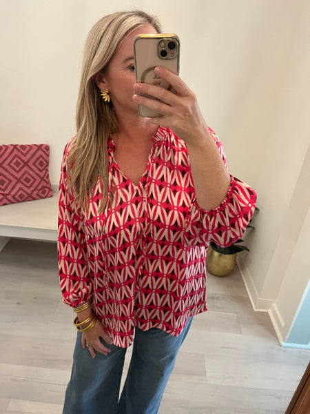 Geometric Print LS Blouse Pink