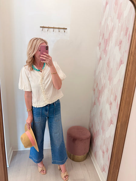 Marie Ruffle Collar Top White