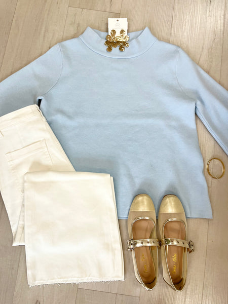 Mock Neck Bell Slv Sweater Lgt Bl