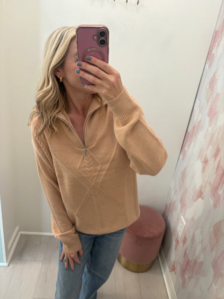 Quater Zip Pullover Sweater Tan