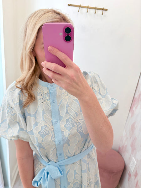 Floral Eyelet Tie Waist Dress Blue