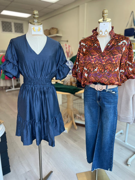 Alex Puff Slv VNeck Dress Navy