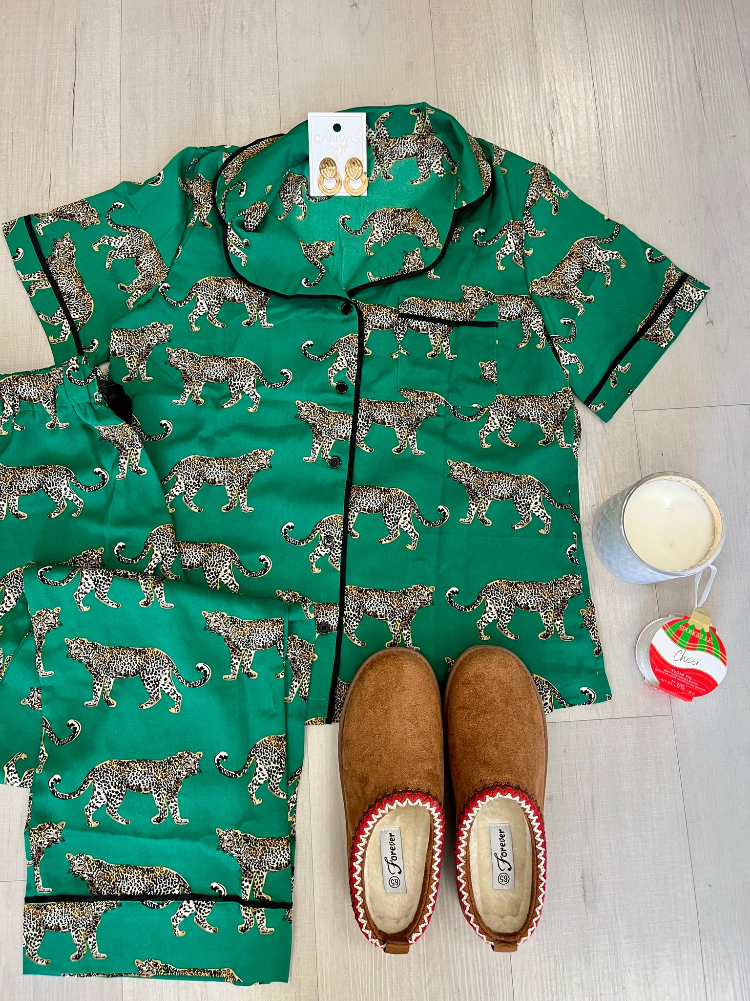 Winter Cheetah Satin PJ Emerald