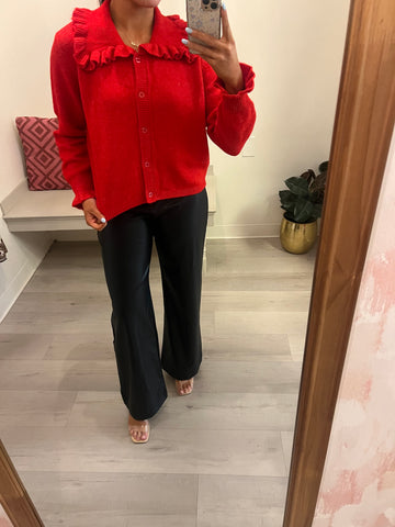 Red Ruffle Collar Cardigan Sweater
