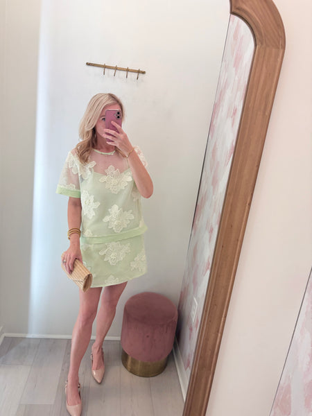Floral Mesh Skirt Set Lght Grn