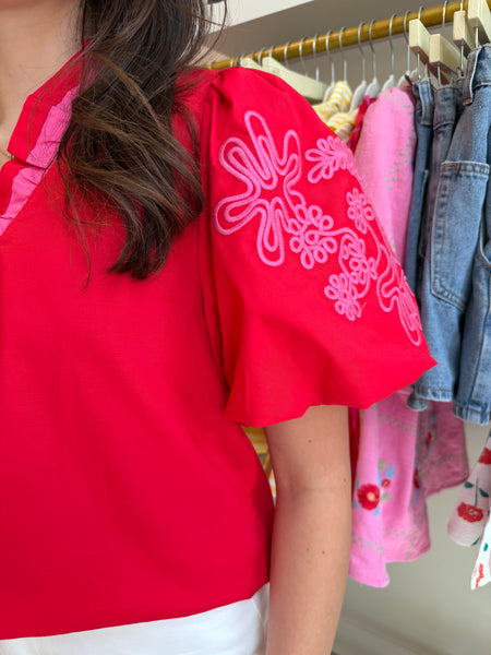 Keyes Embroidered Red Top