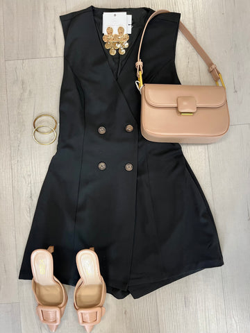 City Wrap Button Romper Blk