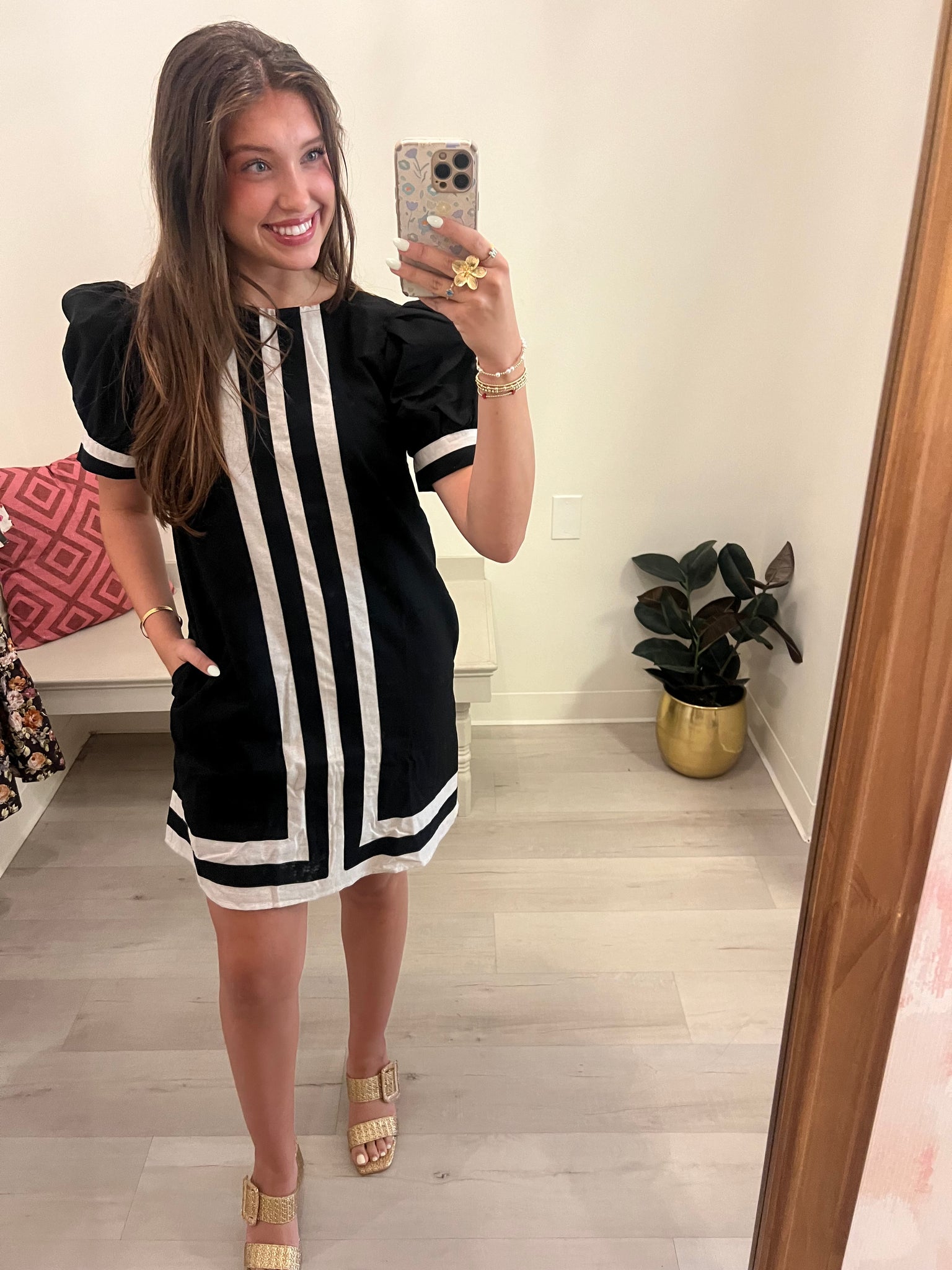 Puff Slv Strip Detail Dress Blk