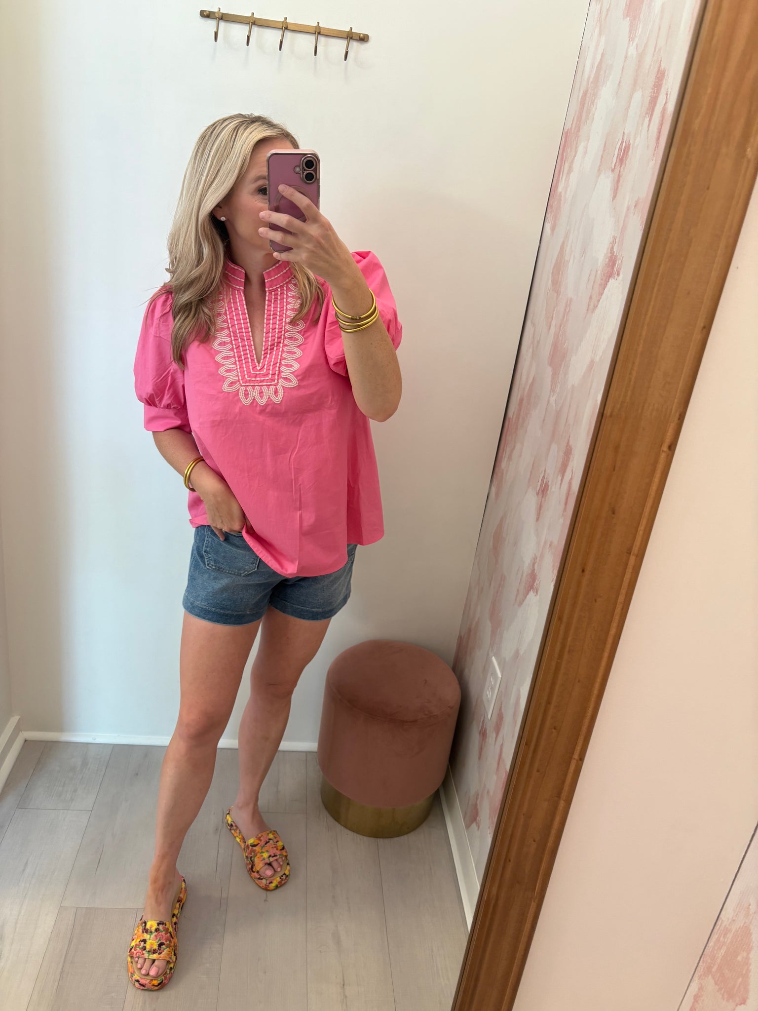 Embroidered Split Neck Top Pink