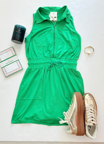 Casual Collar Zip Front Dress Grn