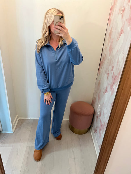 3/4 Zip Wide Leg Lounge Set Blue