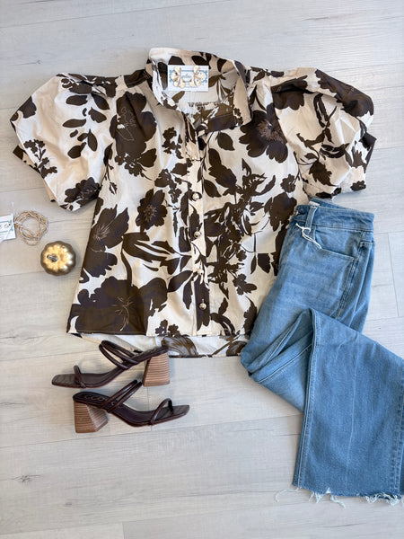 Alex Brwn Floral Pff Slv Top