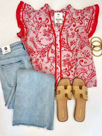 Paisley Print Ruffle Slv Top Pink